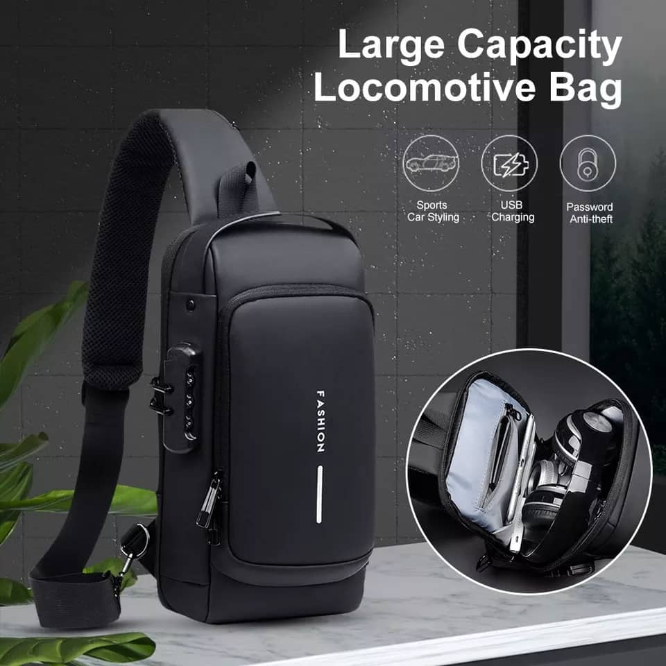 Black Anti-theft Waterproof Shoulder bag With USB Charging Port